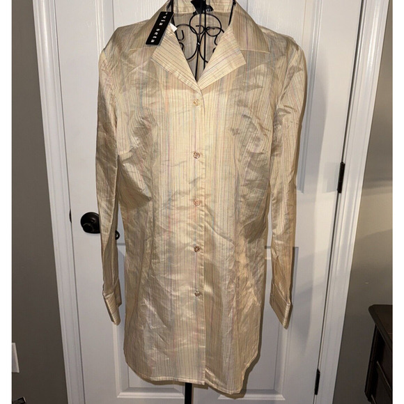 Via Seta Womens Silk Linen Shirt Dress SZ 14 Beige Multi Stripe Long Sleeve NWT - Picture 1 of 11